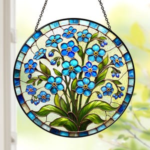 Forget-Me-Not Stained Glass Suncatcher, Blue Floral Sun Catcher Window Hanging, Boho Nature Inspired Art, Botanical Glass Ornament
