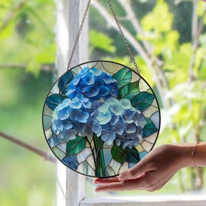 Hydrangeas Stained Glass Suncatcher | Blue Floral Window Hanging | Elegant Home Decor | Vibrant Botanical Sun Catcher | Gift for Garden