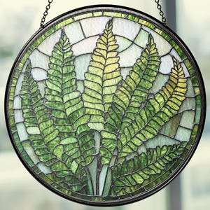 Fern Plant Glass Suncatcher, Round Plant Window Hanging, Botanical Leaf Panel, Green Glass Ornament, Nature Lover Gift, Housewarming Decor