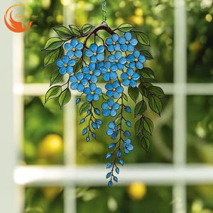 Acrylic Suncatcher Blue Forget Me Not Flowers – Hanging Window Decor with Green Leaves, Garden-Inspired Spring Floral Gift for Nature Lovers