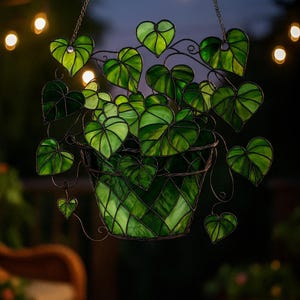 Pothos Plant Acrylic Suncatcher - Botanical Theme Faux Stained Glass Window Hanging, Garden Hanging Home Art Decor for Plant Lovers