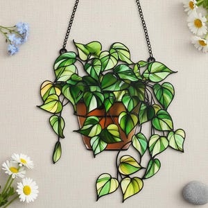 Pothos Resin Suncatcher – Faux Stained Glass Window Hanging, Green Plant Window Decor, Gift for Plant Lovers