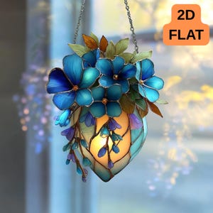 Blue Flower Basket Suncatcher, Stained Glass Style Window Decor