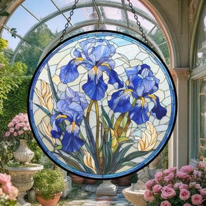 Blue Irises Stained Glass Suncatcher, Florals Theme Window Garden Decoration, Botanical Aesthetics Keepsake, Gift For Flower Enthusiasts