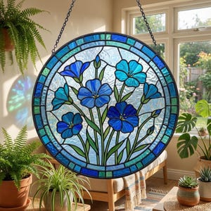 Stained Glass Blue Flower Suncatcher - Blue Botanical Window Decor - Garden Lover Gift for Mom