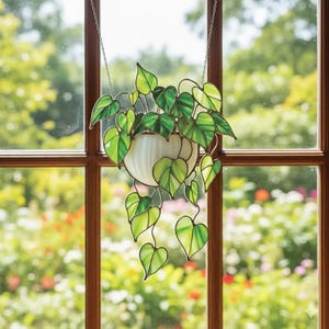 Pothos Green Plant Stained Acrylic Suncatcher, Window Garden Or Balcony Hanging Nature Style, Botanical Theme Home Art Decor