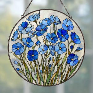 Blue Flower Stained Glass Suncatcher, Floral Window Hanging, Botanical Glass Art Decor