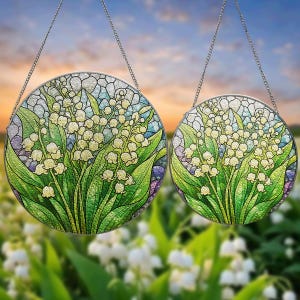 Lily of the Valley Stained Glass Suncatcher, Floral Window Hanging, Green Botanical Sun Catcher, Spring Nature Decor Gift