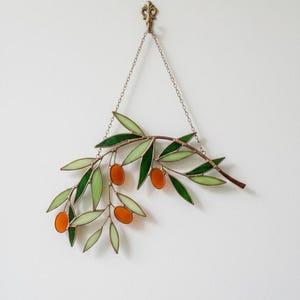 Olive Leaf Stained Glass Suncatcher – Green Glass Window Hanging – Plant Lover Gift – Botanical Home Decor – Green Olive Branch Suncatcher