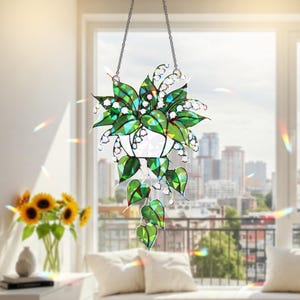 Hologram Lily of the Valley Window Hanging, Acrylic Stained Glass Style Suncatcher, Green Leaf Sun Catcher Decor