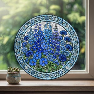 Botanical Glass Window Hanging - Blue Wildflower Stained Glass Suncatcher - Spring Garden Gift for Mom, Mother's Day Gift