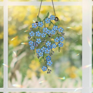 Blue Forget-Me-Not Acrylic Suncatcher: Holographic Flower Branch Window Hanging