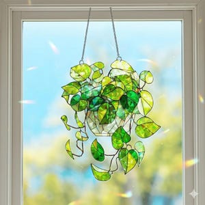 Green Plant Light Catcher Acrylic Suncatcher, Window Or Door Hanging, Handmade Plant Themed Decor For Garden And Patio, Natural Lover Gift