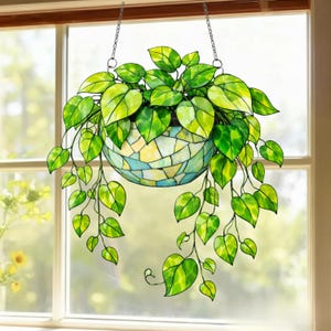 Plant Pot Stained Glass Suncatcher, Green Leaves Acrylic Window Hanging, Plant Lovers Gift, Housewarming Gift, Gardening Suncatcher Decor