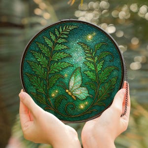 Botanical Fern Glass Suncatcher Round Window Green Nature Home Decor