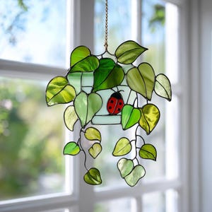 Green Plant Stained Glass Style Suncatcher Acrylic Window Hanging Botanical Home Decor