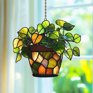 Plant Pot Acrylic Suncatcher Hanging, Green Leaf Window Decor, Nature Home Hanging Acrylic Suncatcher