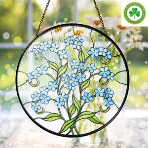 Forget Me Not Stained Glass Suncatcher, Blue Floral Window Hanging, Botanical Sun Catcher Decor, Nature Lover Gift