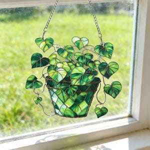 Stained Glass Style Plant Suncatcher, Green Leaf Acrylic Window Hanging, Botanical Sun Catcher, Gift for Plant Lovers
