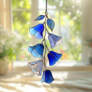 Blue Bellflower Stained Glass Suncatcher, Cascading Floral Window Hanging, Minimal Botanical Decor, Gift for Flower Lovers