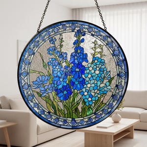 Blue Wildflower Stained Glass Suncatcher - Botanical Glass Window Hanging