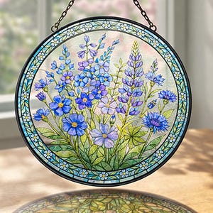 Flower Suncatcher, Blue Wildflower Stained Glass Suncatcher, Botanical Glass Window Hanging - Spring Garden Gift for Mom, Flower Lover Gift