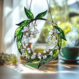 Delicate Lily of the Valley Wreath Faux Stained Glass Suncatcher – Elegant Acrylic Hanging Window Panel for Nature, Garden, or Spring Decor